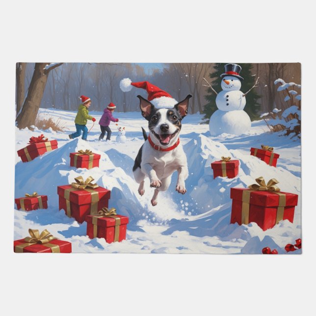 Rat Terrier Running in Snow with Christmas Hat Doormat (Front)