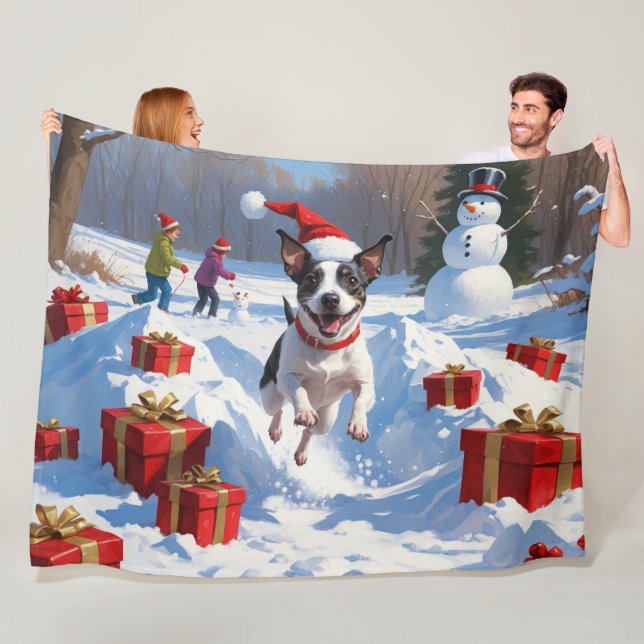 Rat Terrier Running in Snow with Christmas Hat Fleece Blanket (In Situ)