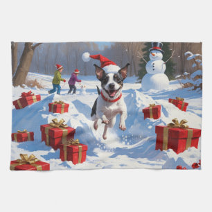 Rat Terrier Running in Snow with Christmas Hat Kitchen Towel