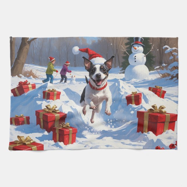 Rat Terrier Running in Snow with Christmas Hat Kitchen Towel (Horizontal)