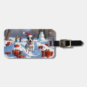 Rat Terrier Running in Snow with Christmas Hat Luggage Tag