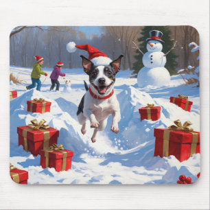 Rat Terrier Running in Snow with Christmas Hat Mouse Pad