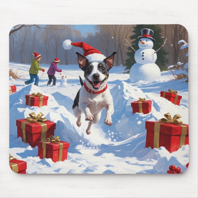 Rat Terrier Running in Snow with Christmas Hat Mouse Pad (Front)