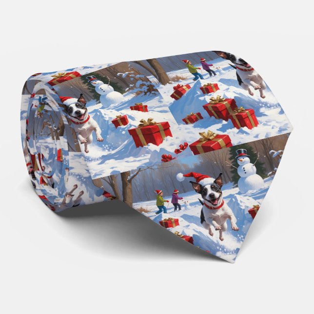 Rat Terrier Running in Snow with Christmas Hat Neck Tie (Rolled)