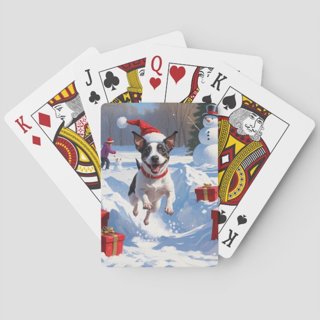 Rat Terrier Running in Snow with Christmas Hat Poker Cards (Back)