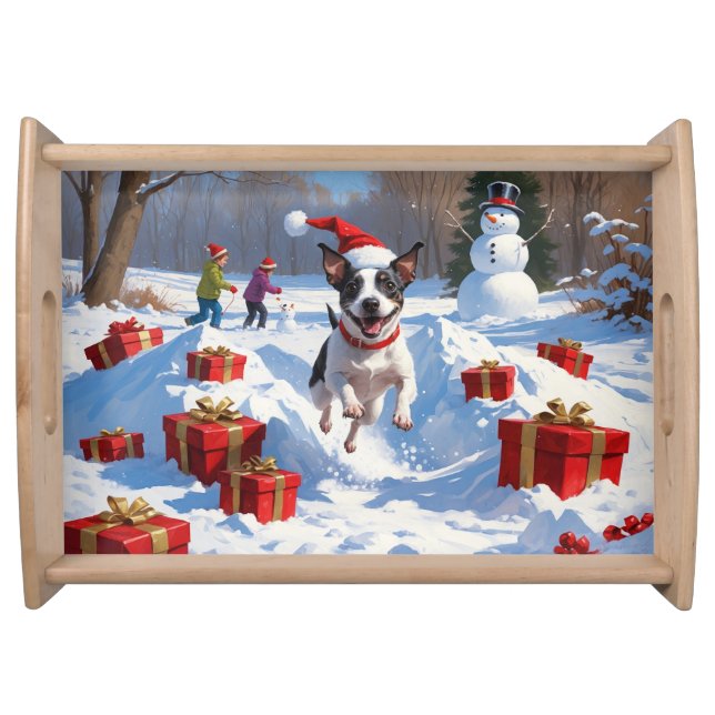 Rat Terrier Running in Snow with Christmas Hat Serving Tray (Front)