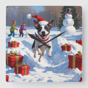 Rat Terrier Running in Snow with Christmas Hat Square Wall Clock