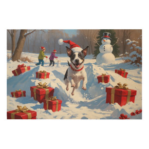Rat Terrier Running in Snow with Christmas Hat Wood Wall Art