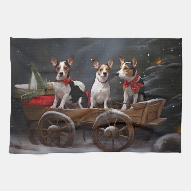 Rat Terrier Snowy Sleigh Christmas Decor Kitchen Towel (Horizontal)