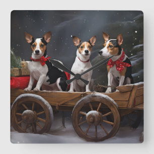Rat Terrier Snowy Sleigh Christmas Decor Square Wall Clock