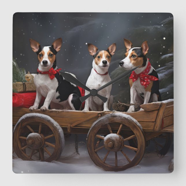 Rat Terrier Snowy Sleigh Christmas Decor Square Wall Clock (Front)