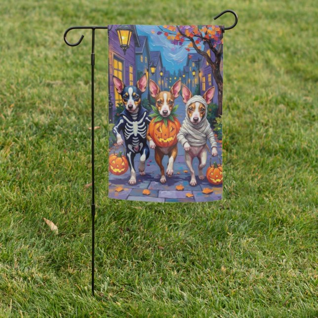 Rat Terrier Trick-or-Treating Halloween Costumes Garden Flag (In SItu)