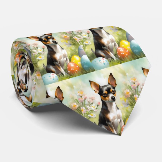 Rat Terrier with Easter Eggs Holiday Neck Tie (Rolled)