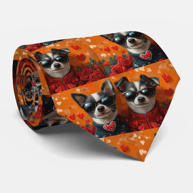 Rat Terrier With Heart Roses Valentine's Day Neck Tie (Rolled)