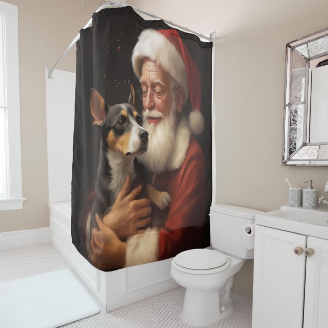 Rat Terrier With Santa Claus Festive Christmas  Shower Curtain (In Situ)