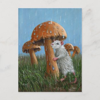 Rat Under Mushroom In Rain Postcard by KMCoriginals at Zazzle