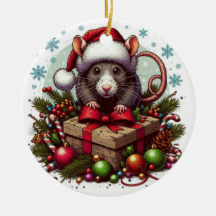 Rat wearing santa hat Christmas presents Art Ceramic Ornament