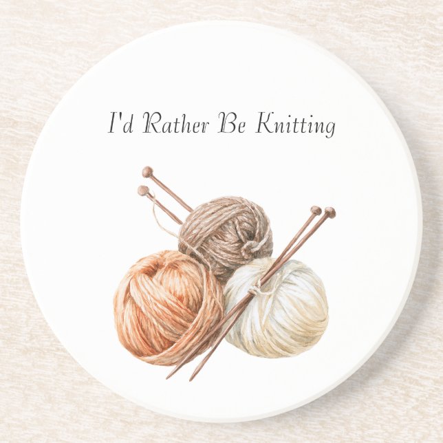 Rather Be Knitting Orange Brown Cream Yarn Coaster (Front)