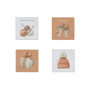 Rather Be Knitting Orange Brown Cream Yarn Stone Magnet