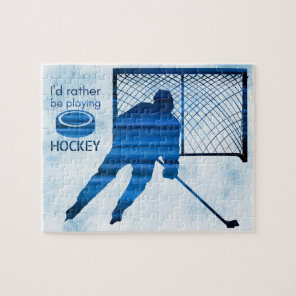 Rather be playing - blue hockey player jigsaw puzzle