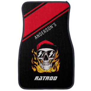 Ratrod Hotrod Owner's Name Red Stripe Flames Skull Car Floor Mat