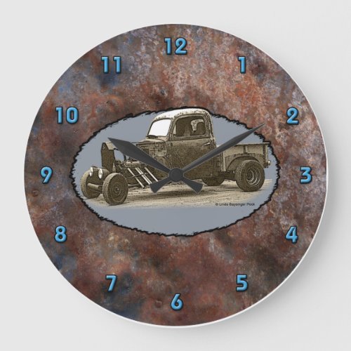 Ratrod Truck Rusty Metal Blue Numbers Large Clock