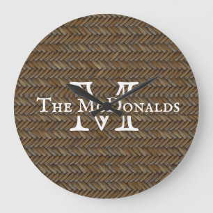 Rattan Wicker Boho Monogram Basketweave   Large Clock