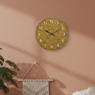 Rattan Wicker Look Boho Monogram Basketweave Large Clock