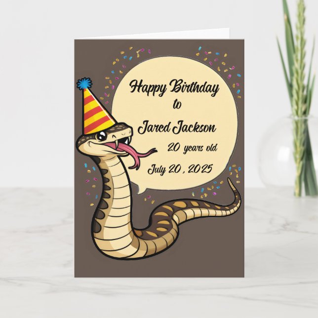 Rattle snake wearing birthday hat cartoon card (Front)
