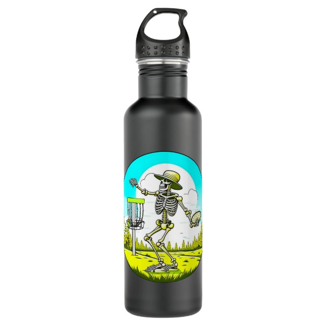 Rattle Those Chains | Disc Golfing Skeleton Stainless Steel Water Bottle (Front)