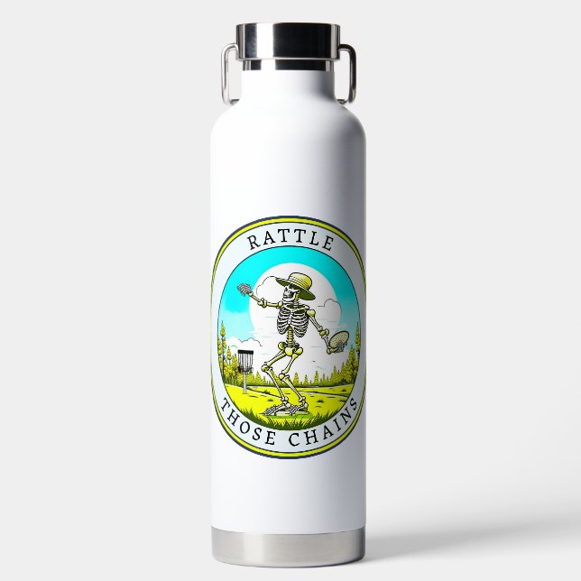 Rattle Those Chains | Disc Golfing Skeleton Water Bottle (Front)