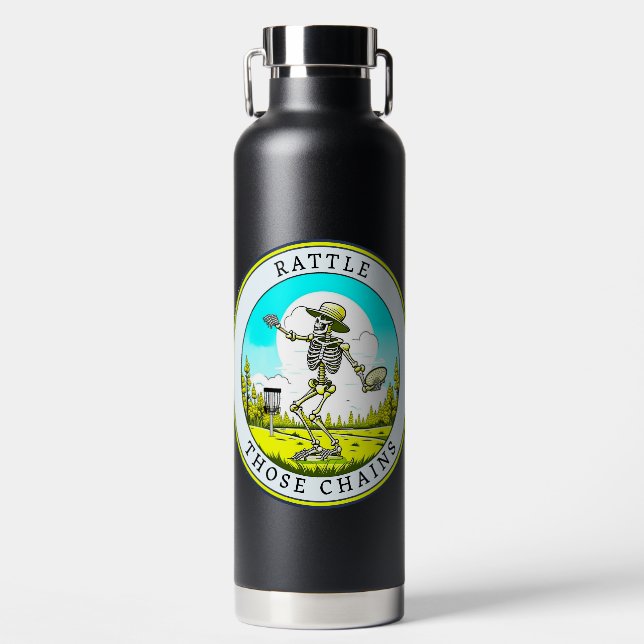 Rattle Those Chains | Disc Golfing Skeleton Water Bottle (Front)