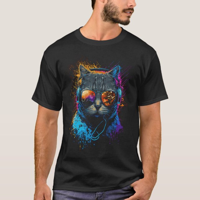 Rave Cat Dj Headphones Kitten House Music Kitty T-Shirt (Front)