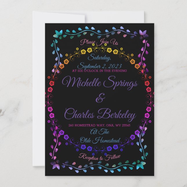Rave Neon Glow Floral Black Wedding Invitation (Front)