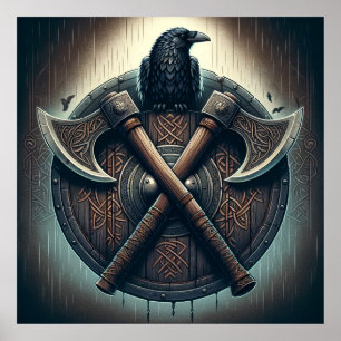 Raven and Axes – Norse Warrior Shield Wall Art
