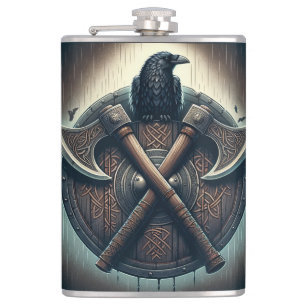 Raven and Axes – Norse Warrior Shield Wall Art Flask