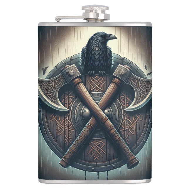 Raven and Axes – Norse Warrior Shield Wall Art Flask (Front)
