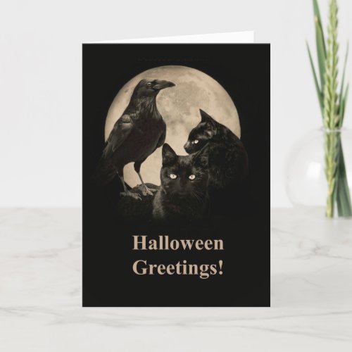 Raven and Black Cats Happy Halloween Card