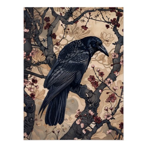 Raven and Cherry Blossoms Illustration Poster