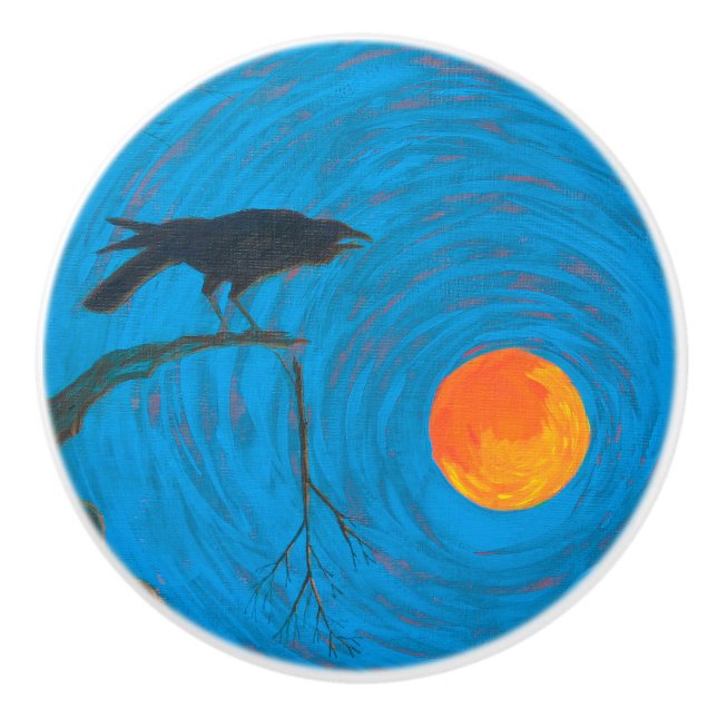 Raven and Full Moon Ceramic Knob (Front)