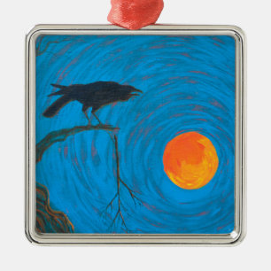 Raven and Full Moon Metal Ornament