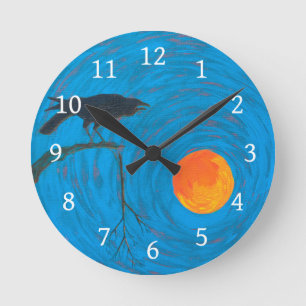 Raven and Full Moon Round Clock
