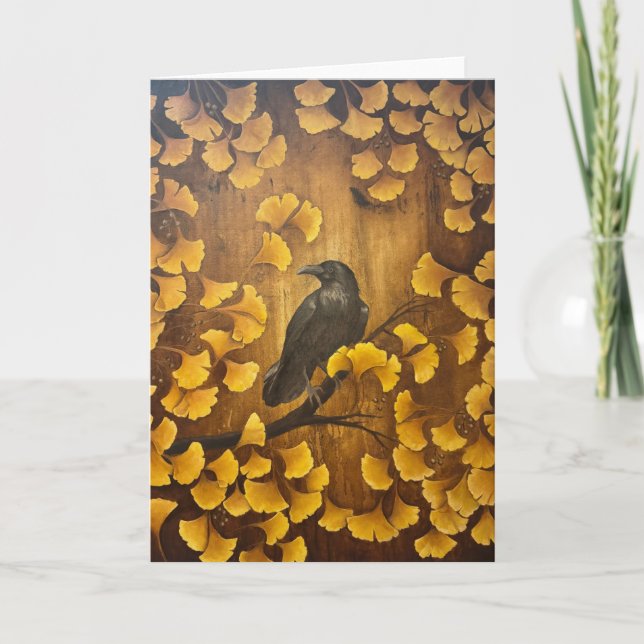 Raven and Gingko Leaves Card (Front)