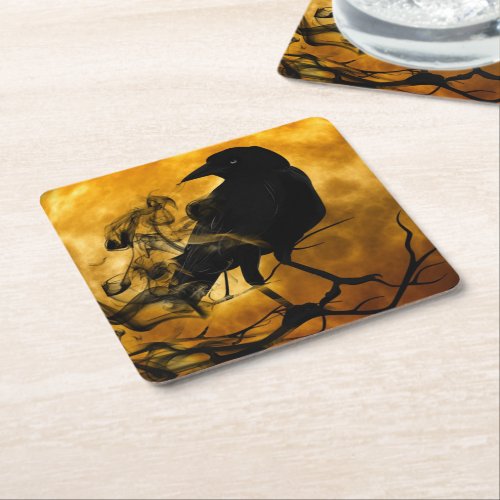 Raven and harvest moon fall Square paper coaster
