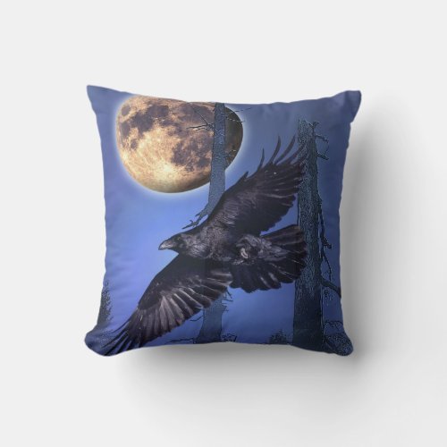 Raven and Moon Fantasy Throw Pillow