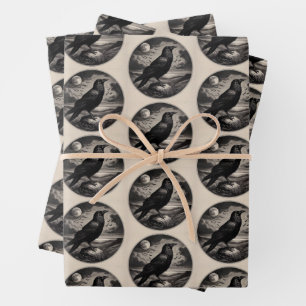 Raven and Moon Wrapping Paper Flat Sheet Set of 3