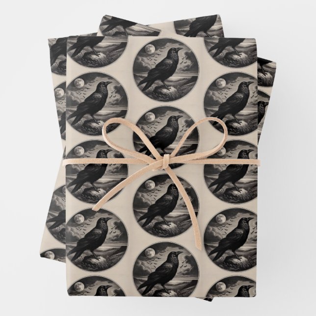 Raven and Moon Wrapping Paper Flat Sheet Set of 3 (In situ)