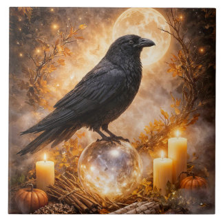 Raven and Mystical Crystal Ball Candles Ceramic Tile