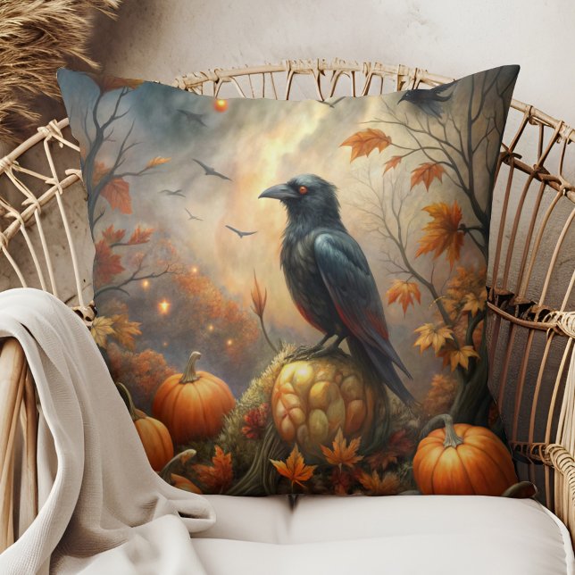 Raven and Pumpkin  – Dark Autumn Decor Throw Pillow (Raven and Pumpkin – Dark Autumn Decor Throw Pillow in a boho rattan armchair)