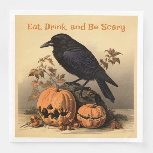 Raven and Pumpkins Halloween Eat Drink be Scary Paper Dinner Napkins